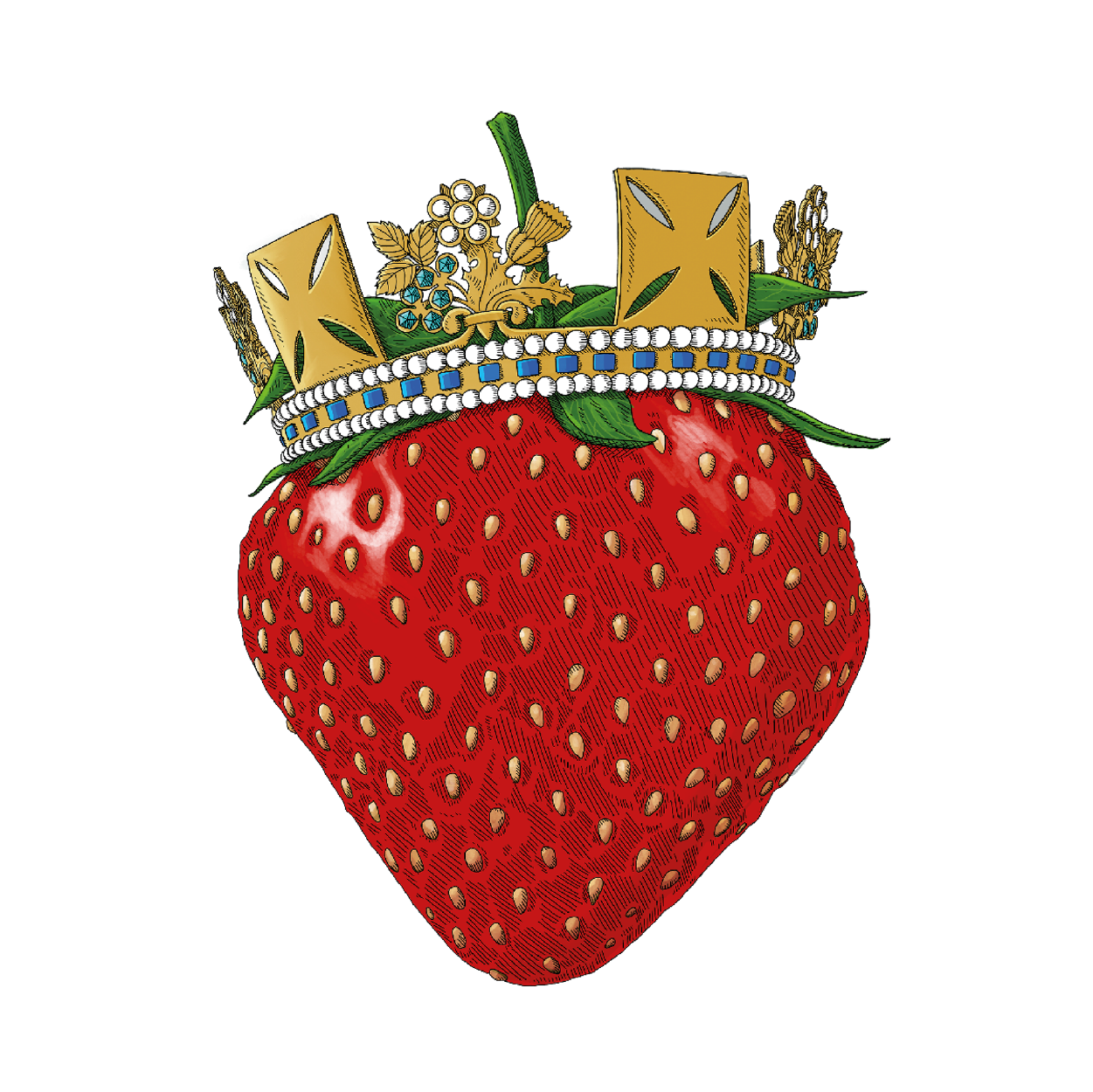 Red British Queen strawberry with a gold crown on top