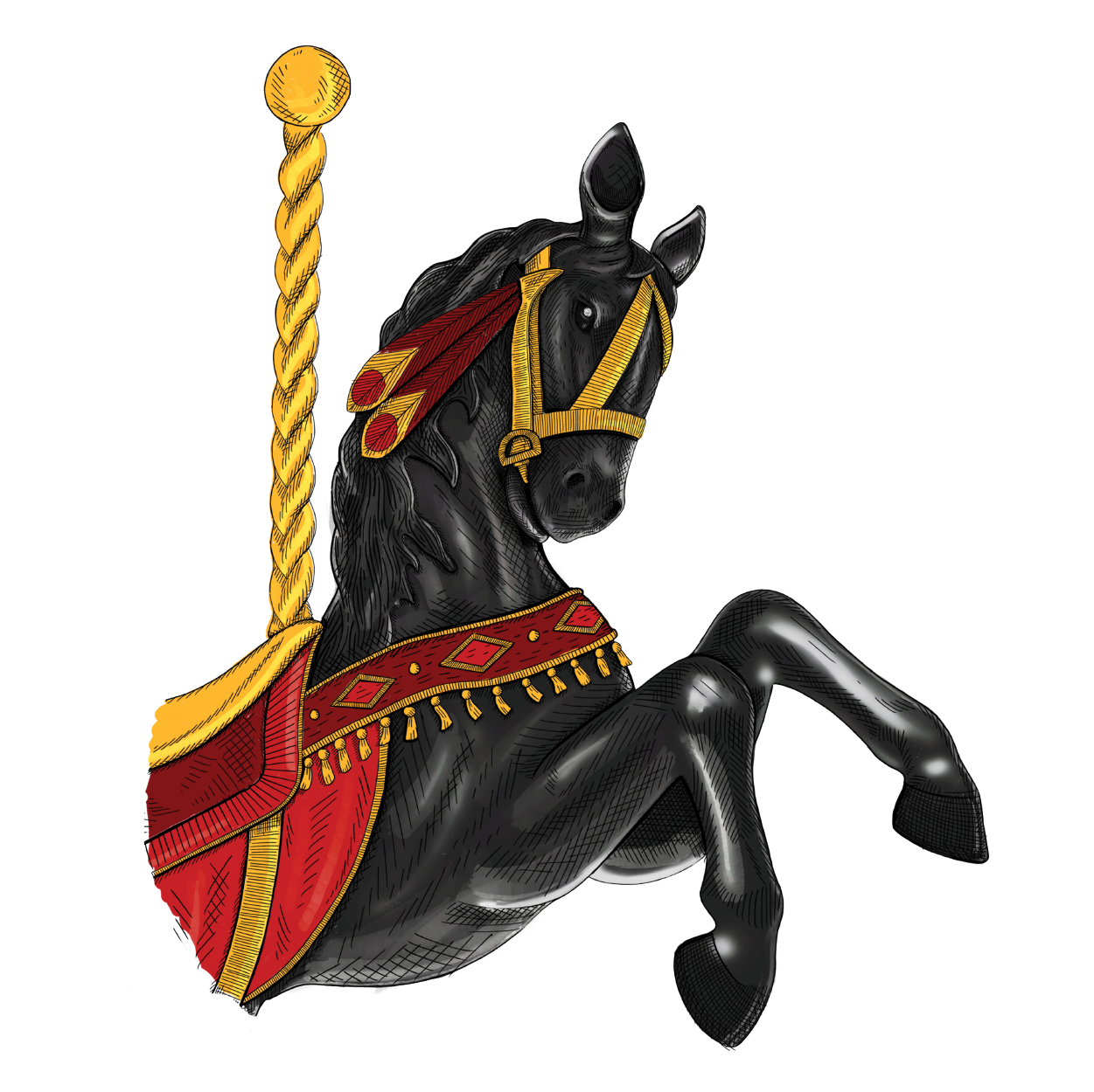 Black carousel horse with red coat