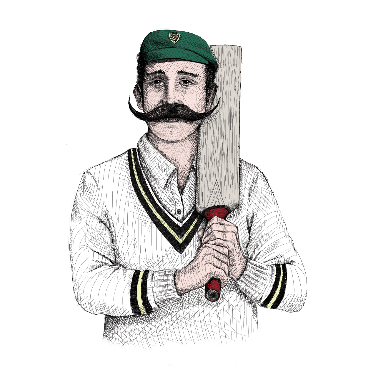 cricketer with green cap holding a cricket bat