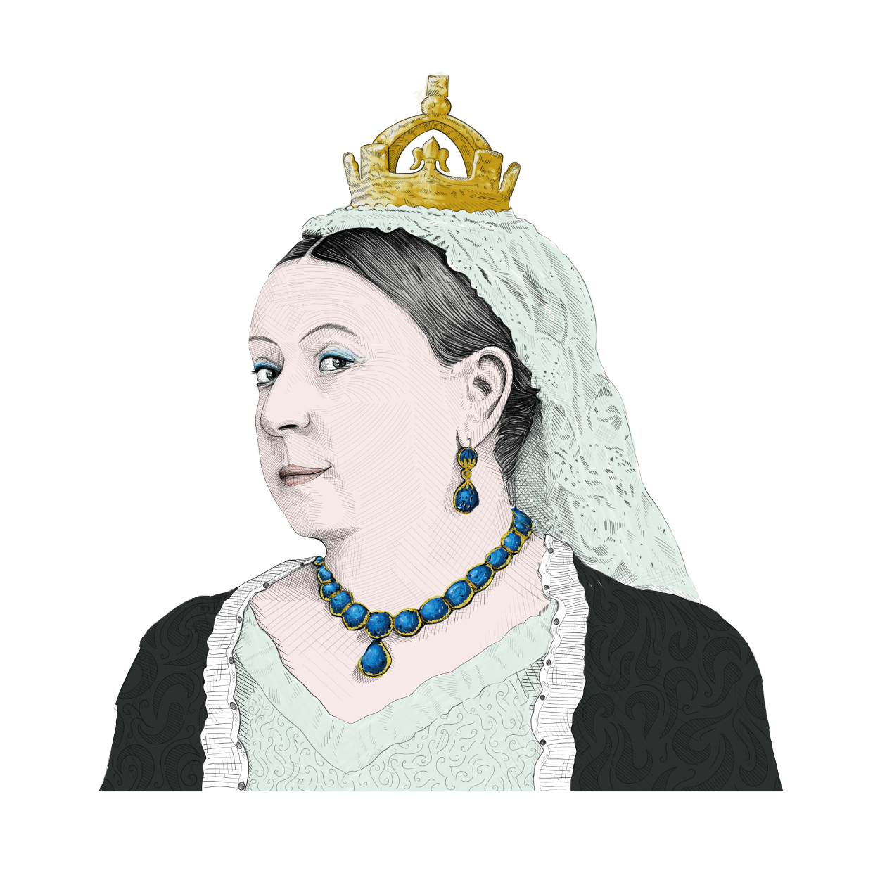 Queen Victoria's head with a gold crown & blue necklace